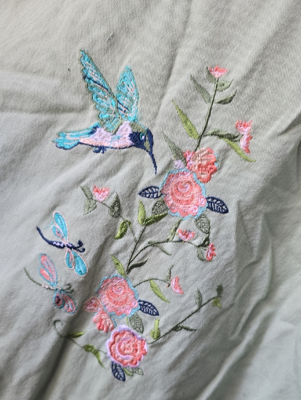 Hummingbird + Dragonfly  Embroirdered  Smock Dress Sturdy Cotton Pockets Sz L